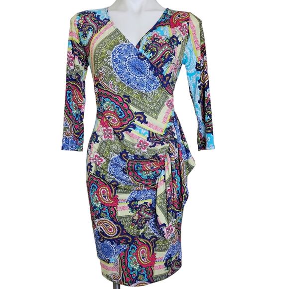 New York & Company Dresses & Skirts - New York and Company Dress Womens XS Multicolor Paisley Faux Wrap Long Sleeves